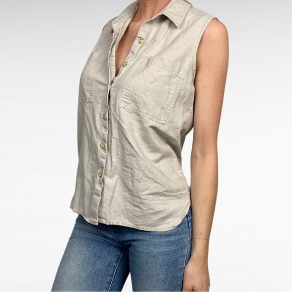 VINTAGE | Carol Horn Workshop Light Taupe Natural Linen Blend Sleeveless Shirt - Picture 3 of 8